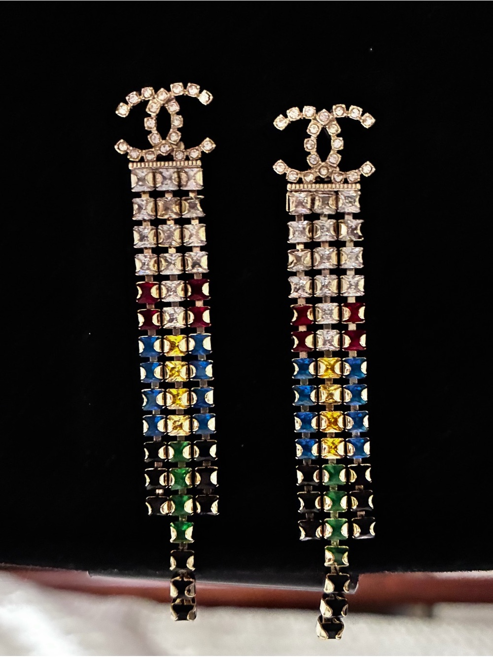 Double C Rainbow Swing Drop Multi Crystal Sparkling Fringe Logo Earrings